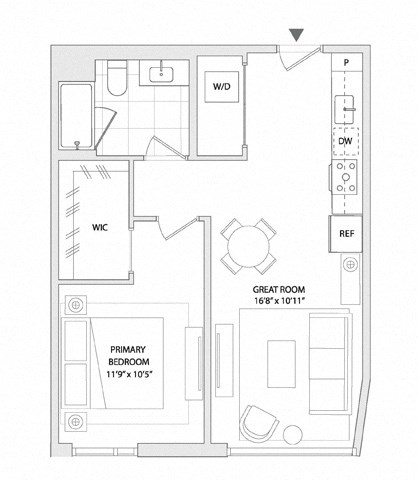 Floor plan for 1 bed, 1 bath, 624 sqft